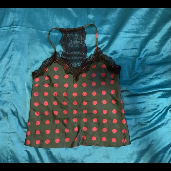 SOUVENIR Slip Lace camisole Top-Green With Red Polka Dots Sz Small - Picture 5 of 6